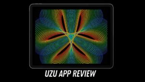 A tablet displaying a vibrant, symmetrical, multicolored abstract design with the words "UZU App Review" below it on a black background.