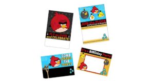 Collage of four Angry Birdsthemed party invitations featuring various characters and phrases like "Fly on Over and Celebrate" and "Join the Flock."