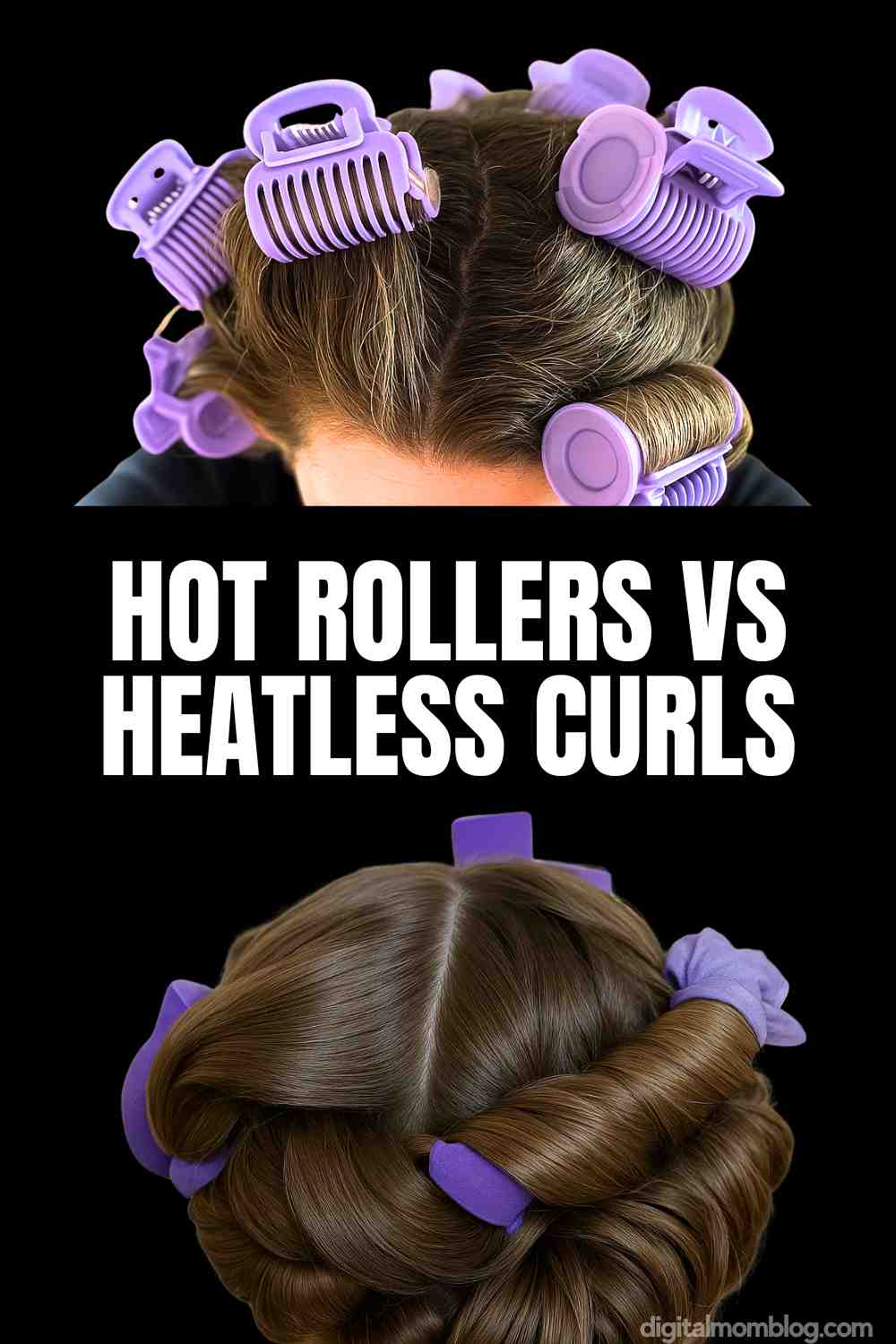 heatless curls vs hot rollers Two images comparing hot rollers and heatless curls on hair, featuring purple hair rollers and clips, with text "Hot Rollers vs Heatless Curls."