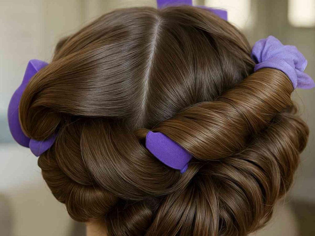 heatless rollers Close-up of a woman's hair styled in a smooth, twisted updo with purple hair rollers.