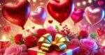 valentines balloons with a gift pink and red
