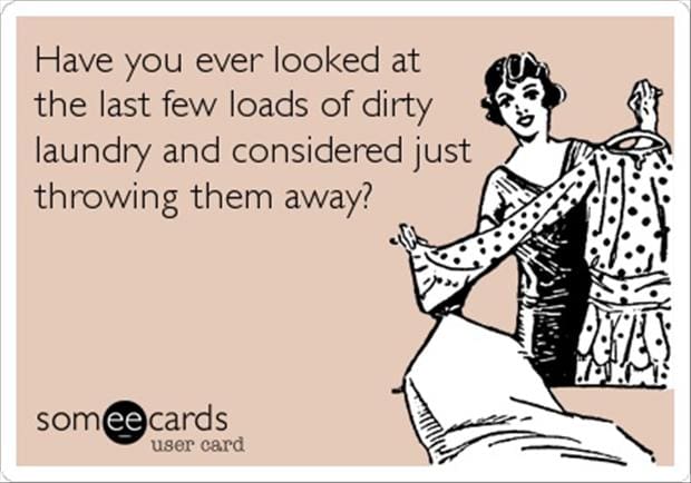 laundry meme Funny meme depicting a vintage illustration of a woman contemplating throwing out dirty laundry, with text humorously questioning the desire to discard it instead of washing.
