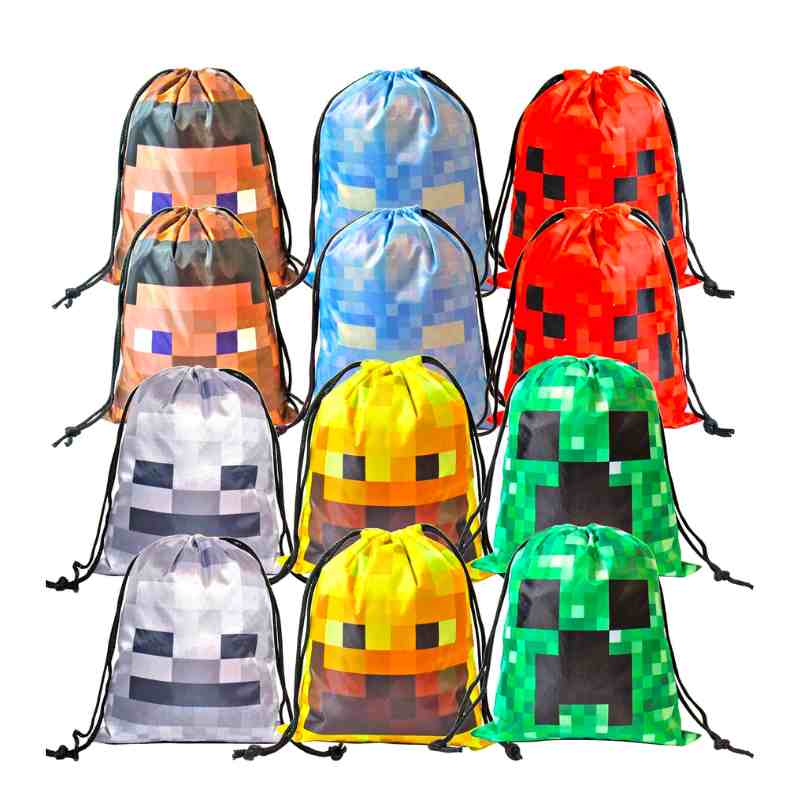 minecraft party party favor bags A pixelated rainbow army of Minecraftthemed drawstring bags ready for adventure, featuring character faces that scream, 'We’ve got your back, literally!'