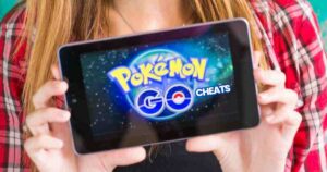 A person holding a tablet displaying the Pokemon Go logo with the word "Pokemon Go Cheats" added beside it.