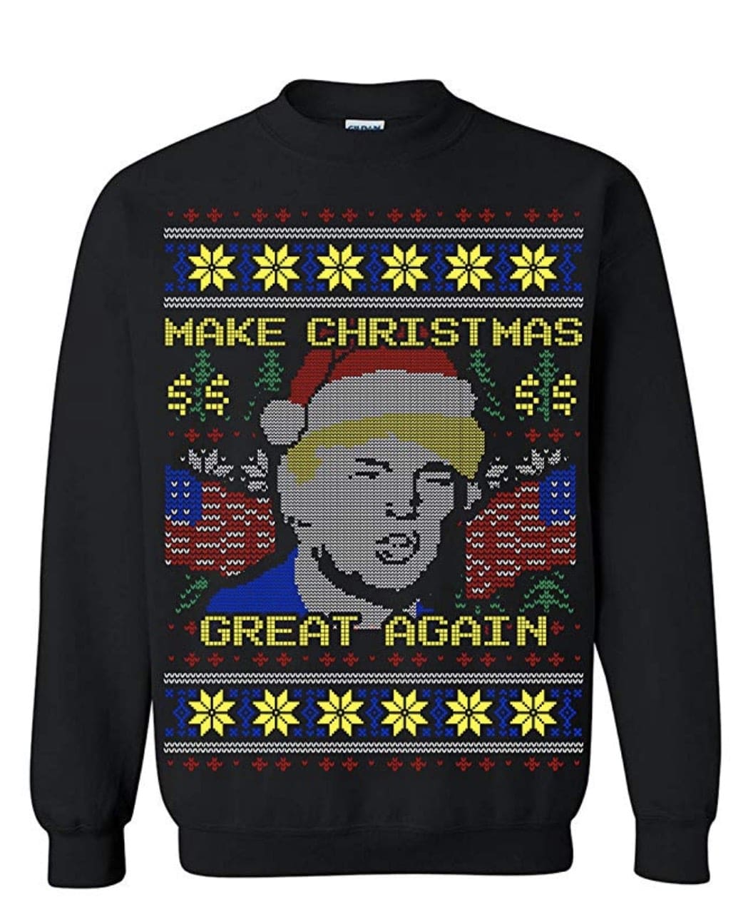 ugly donald trump sweater Donald Trump Christmas sweater meme with 'Make Christmas Great Again' slogan and his face wearing a Santa hat.