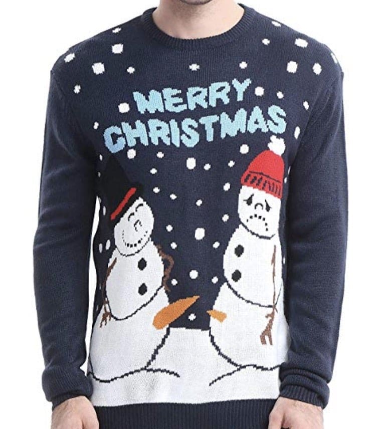 funny christmas sweater that is somewhat inappropriate Quirky Christmas sweater featuring snowmen and carrots in a humorous adult snowman meme context.