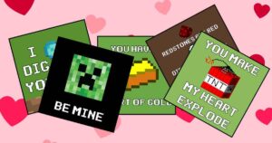 A collection of Minecraftthemed Valentine's cards with humorous text like 'I dig you' and 'You make my heart explode,' featuring pixelated diamonds, gold, and TNT.