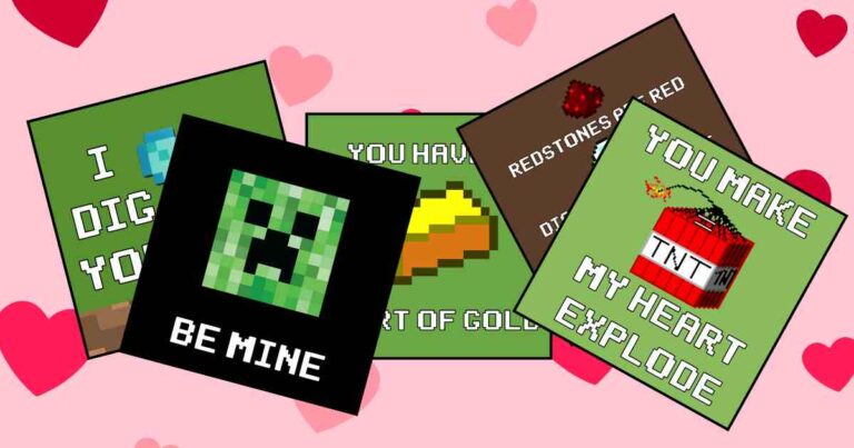 A collection of Minecraftthemed Valentine's cards with humorous text like 'I dig you' and 'You make my heart explode,' featuring pixelated diamonds, gold, and TNT.