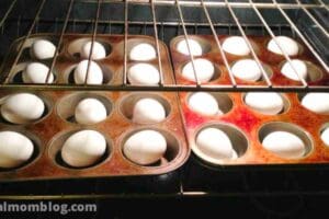 Meme image of eggs cozily lounging in a muffin tin, getting a toasty tan in the oven; proof that even eggs enjoy a spa day.