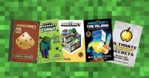 A collection of five Minecraftthemed books with covers featuring pixelated designs, colorful illustrations, and familiar characters from the game, set against a green pixelated background.