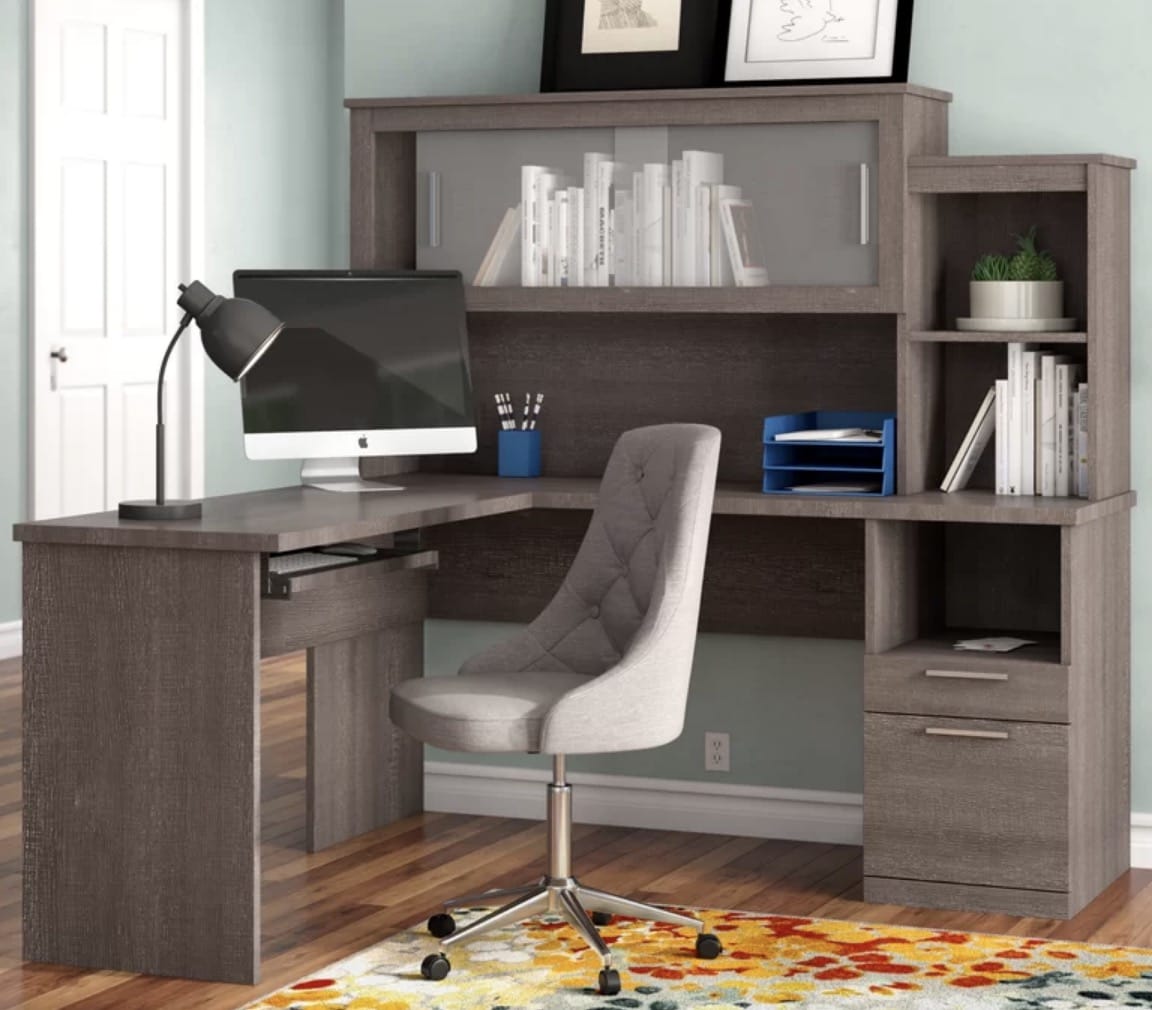 grey l shaped desk with hutch and storage