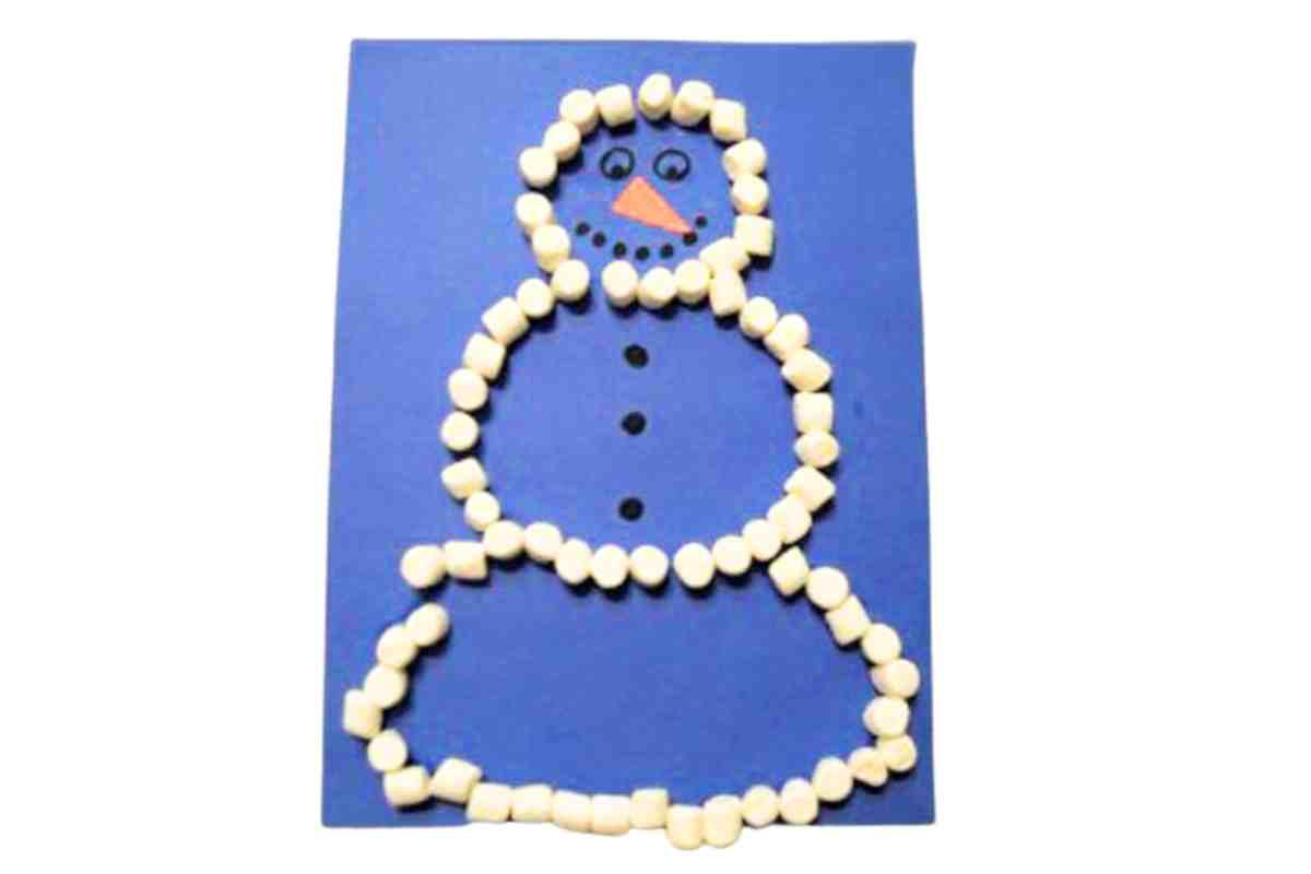 christmas craft for toddlers marshmallow snowman A meme featuring a cute snowman made from marshmallows on blue paper, perfect for melting hearts and hot chocolate dreams.