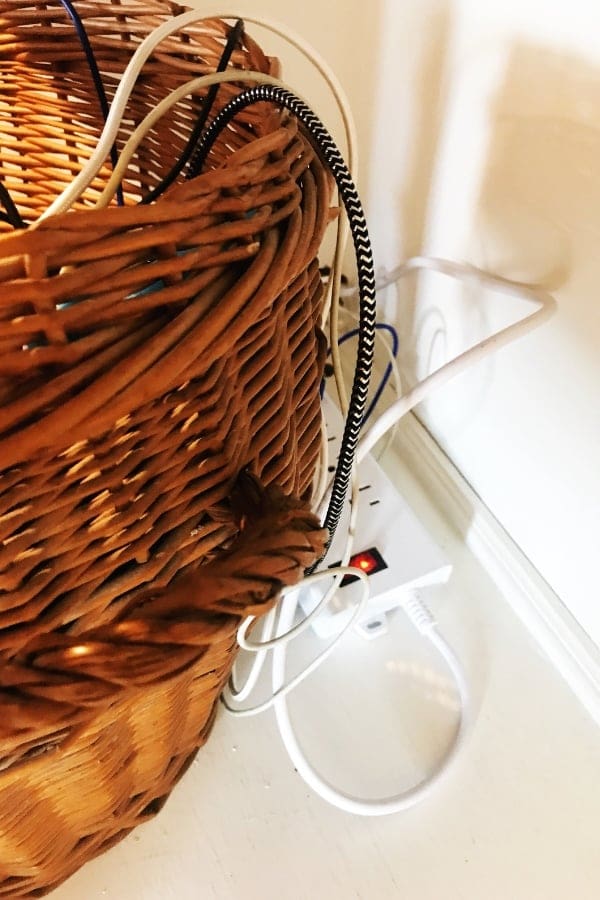 DIY Multiple Device Charging Station - charge multiple iphones with this multiple usb port surge protector #tech #technology #familytech #homeorganization #cords #devices basket-multiple-device-charging-station