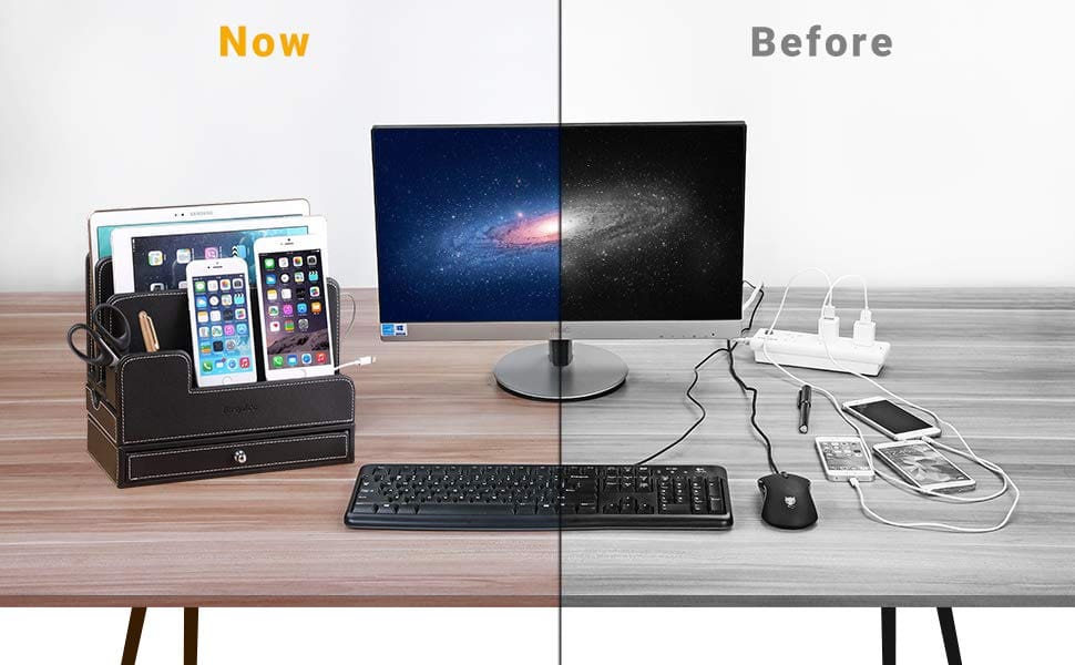Tidy up your desk! Declutter your desk with this handy leather device organizer. Manage your cords and desk accessories with this simple black device and desk organizer. #desk #deskorganizer #officeorganization #homeorganization #cords #cordmanagement #tech #technology before-after-desk-cords