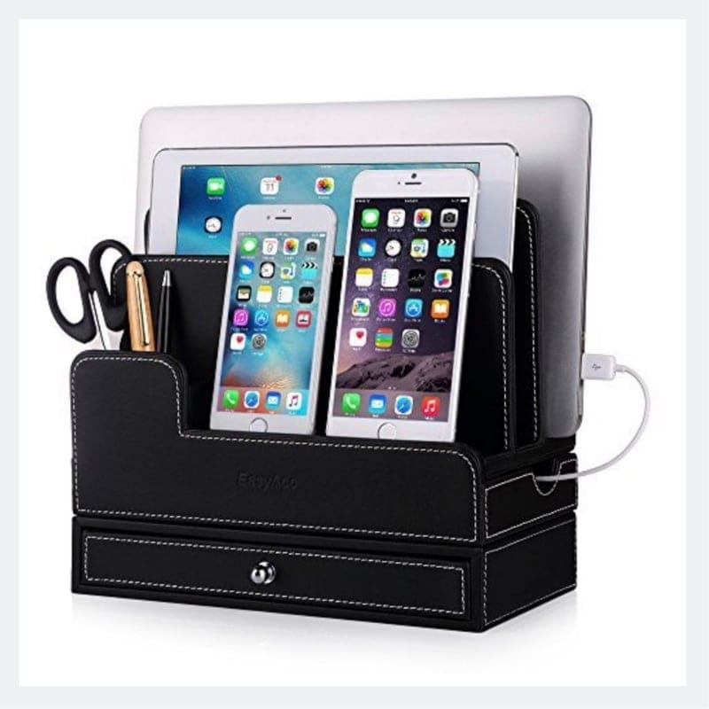 This black leather desktop charging station will charge multiple devices (up to 6 devices!) and help keep your desk organized as it also acts as a desk organizer. #officeorganization #deskorganization #tech #technology #homeorganization best desk charging stations productivity
