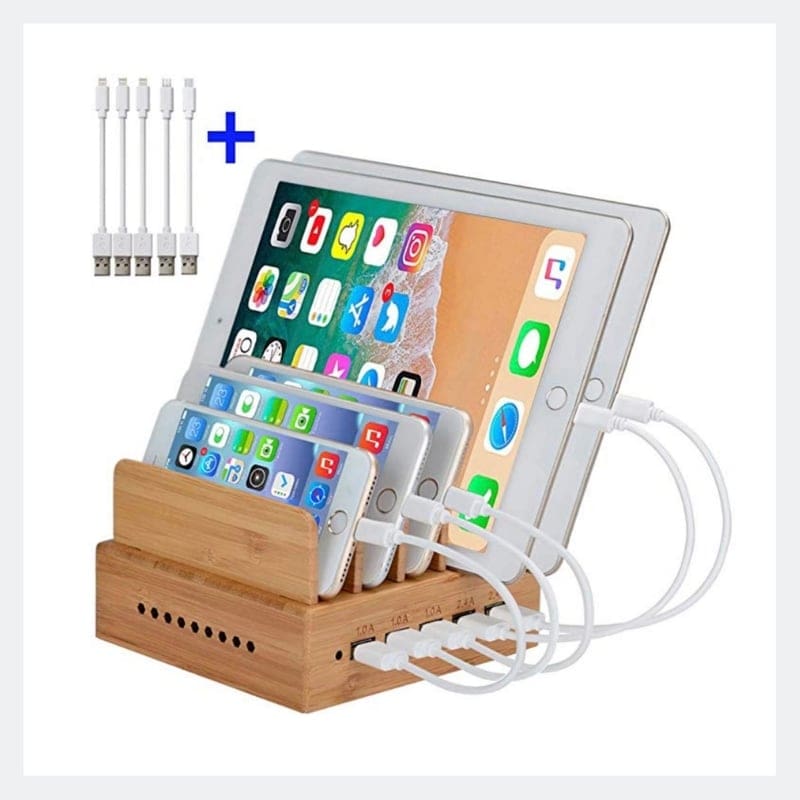 Organize your home and devices and charge multiple devices with this bamboo charging station dock. Offering quick smart charging for up to 5 devices. #technology #tech #familytech #homeorganization multiple device charging station - valet charging station organizer for cell phones and devices
