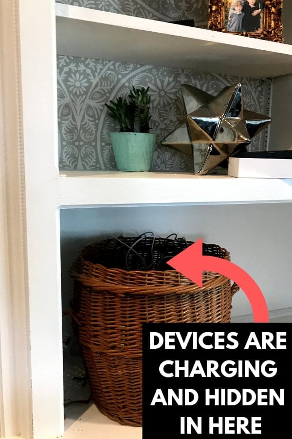 Decorative multiple device charging station - how to organize devices and charge them in a decorative fashion! Don't fret technology and home organization. Family tech can be organized neatly with a charging station. #technology #tech #devices #charging #chargingstation # phonecharger #familytech #homeorganization decorative multiple device charging station