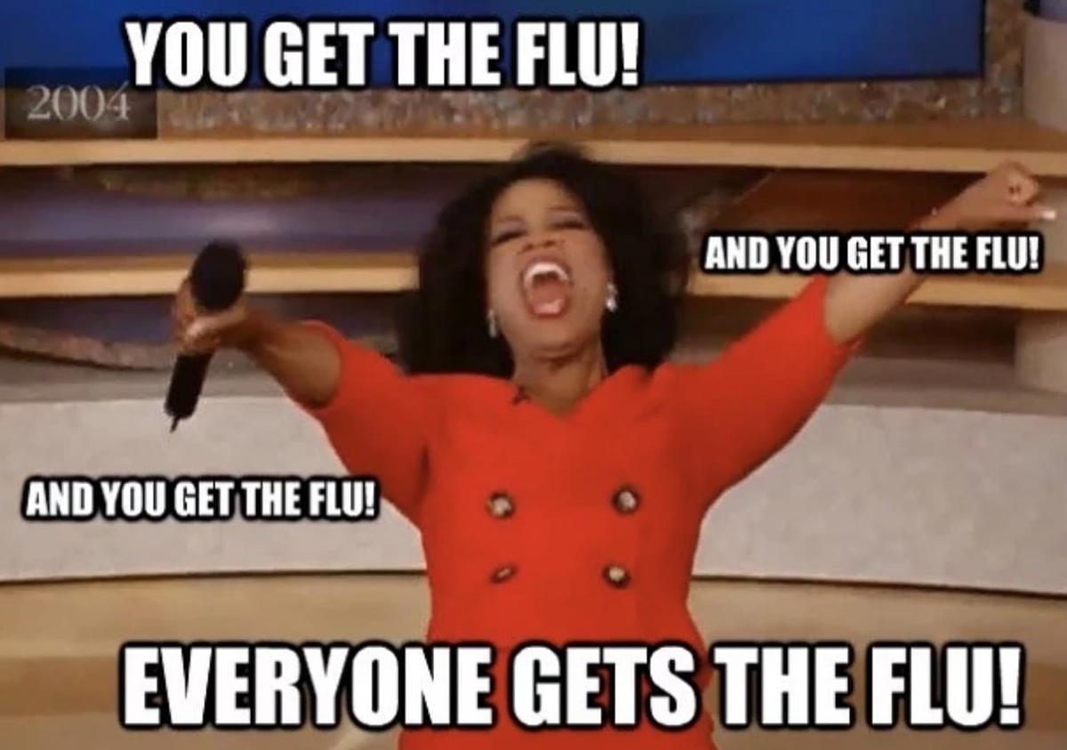 flu meme Flu meme parodying a famous TV giveaway moment with 'You get the flu! Everyone gets the flu!' capturing that contagious flu season feeling.