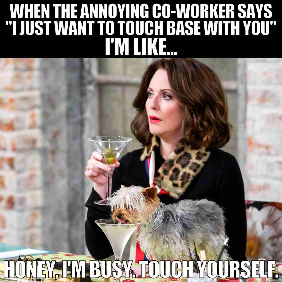 annoying coworker meme A work meme featuring a woman holding a martini with a tiny dog drinking from another martini, captioned humorously about an annoying coworker wanting to 'touch base,' ending with 'honey, I'm busy, touch yourself.'