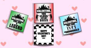 A collection of 4 free Fortnite Valentine's day cards to download and print.