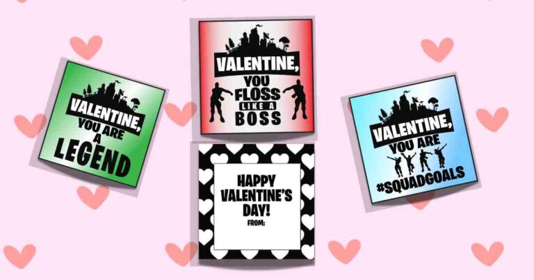 A collection of 4 free Fortnite Valentine's day cards to download and print.