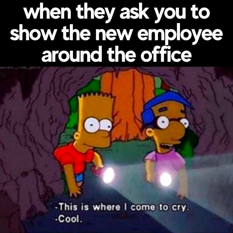 funny new employee meme work Meme featuring animated characters showing a new employee around a cave, with text reading, 'This is where I come to cry,' humorously depicting work stress.