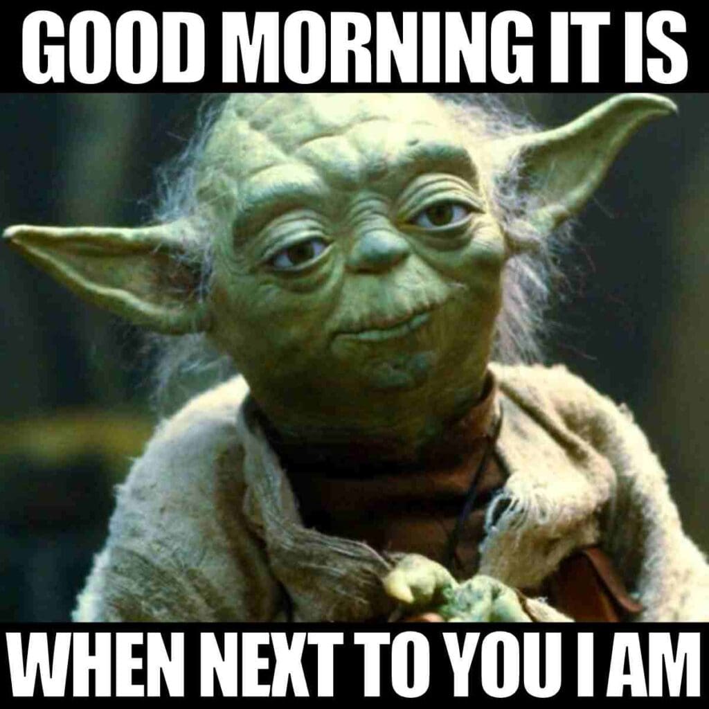 good morning meme for her Meme featuring a green alien-like character with large ears and the text 'GOOD MORNING IT IS WHEN NEXT TO YOU I AM'.