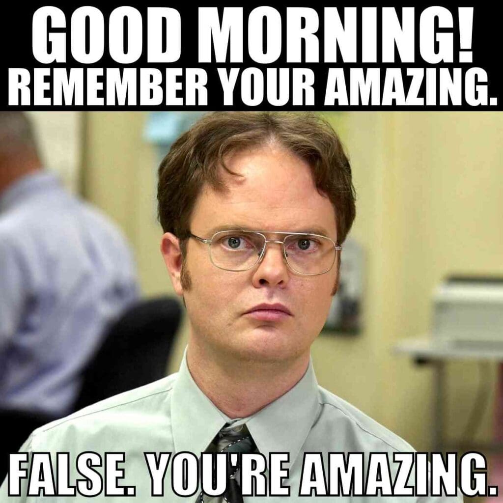 good morning meme inspirational A humorous meme with text saying 'Good Morning! Remember your amazing. False. You're amazing.' featuring a serious expression from a character in an office setting.