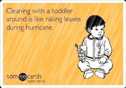cleaning with a toddler meme Meme featuring a vintagestyle illustration of a toddler holding grapes, with the text: 'Cleaning with a toddler around is like raking leaves during a hurricane.'