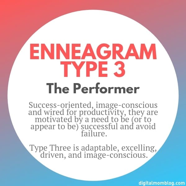ennagram type 3 A colorful graphic showcasing Enneagram Type 3, labeled 'The Performer,' highlighting their love for success and attention, portraying them as productivity champs with image awareness that rivals Instagram influencers.
