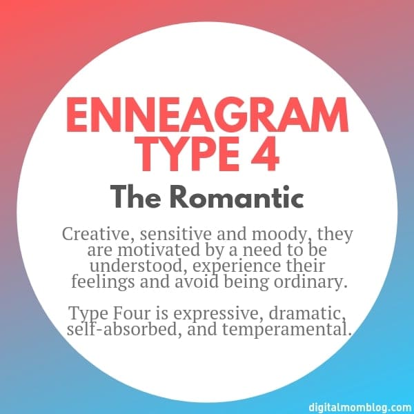 ennagram type 4 A playful depiction of Enneagram Type 4, labeled 'The Romantic,' highlighting the creative, moody, and self-absorbed nuances with a flair for drama—an emotional rollercoaster, much like any good romantic comedy.