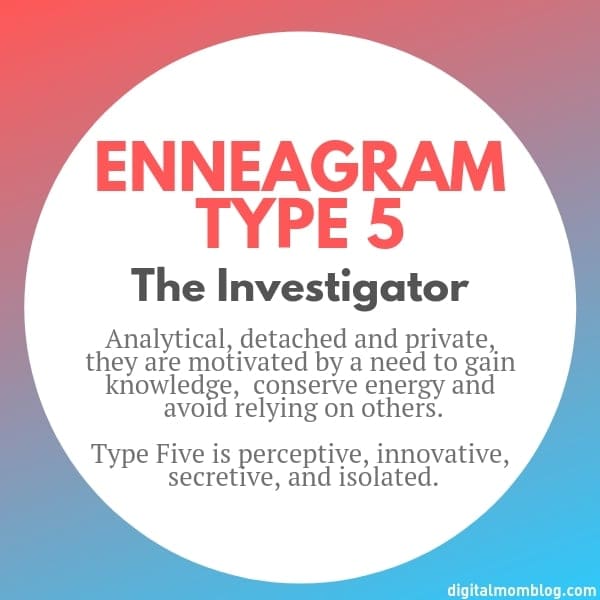 ennagram type 5 Colorful infographic humorously describing Enneagram Type 5, the Investigator, who is so private they'd prefer sharing a desert island with a library than human contact; loves knowledge but avoids people.