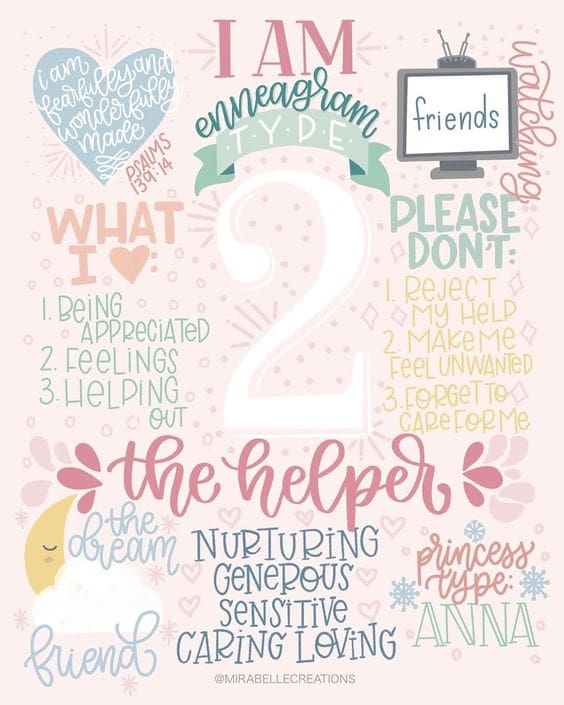 enneagram 2 Quirky Enneagram Type 2 illustration showcasing The Helper traits, with phrases like 'I love being appreciated' and playful doodles encouraging not to reject their help.