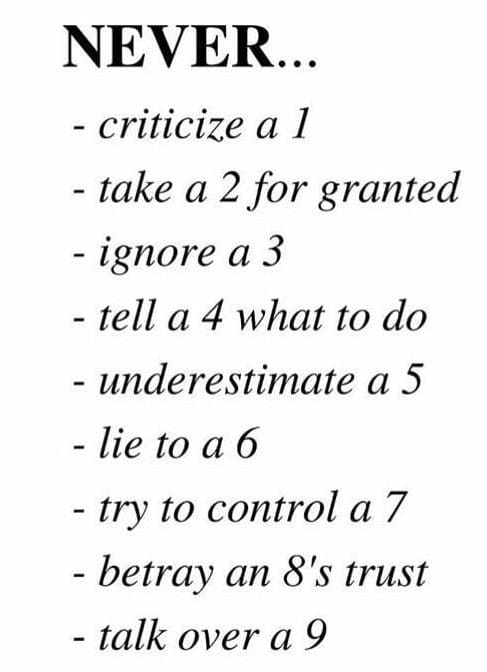 enneagram image e1571937424495 Humorous list titled 'NEVER...' humorously advising what not to do with each Enneagram type, such as criticizing a Type 1 or talking over a Type 9, adding a fun twist to personality wisdom.