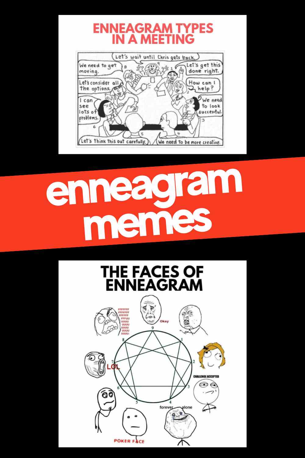 enneagram memes 1 A collage of two enneagram memes about Enneagram types. The top meme is titled "Enneagram Types in a Meeting" and shows cartoon figures expressing different thoughts like "Let's consider all the options" and "We need to be more creative." The bottom meme is titled "The Faces of Enneagram" and features various internet meme faces arranged around an Enneagram diagram, representing different Enneagram types with labels like "LOL" and "Poker Face." A bold red banner in the center displays the words "Enneagram Memes."