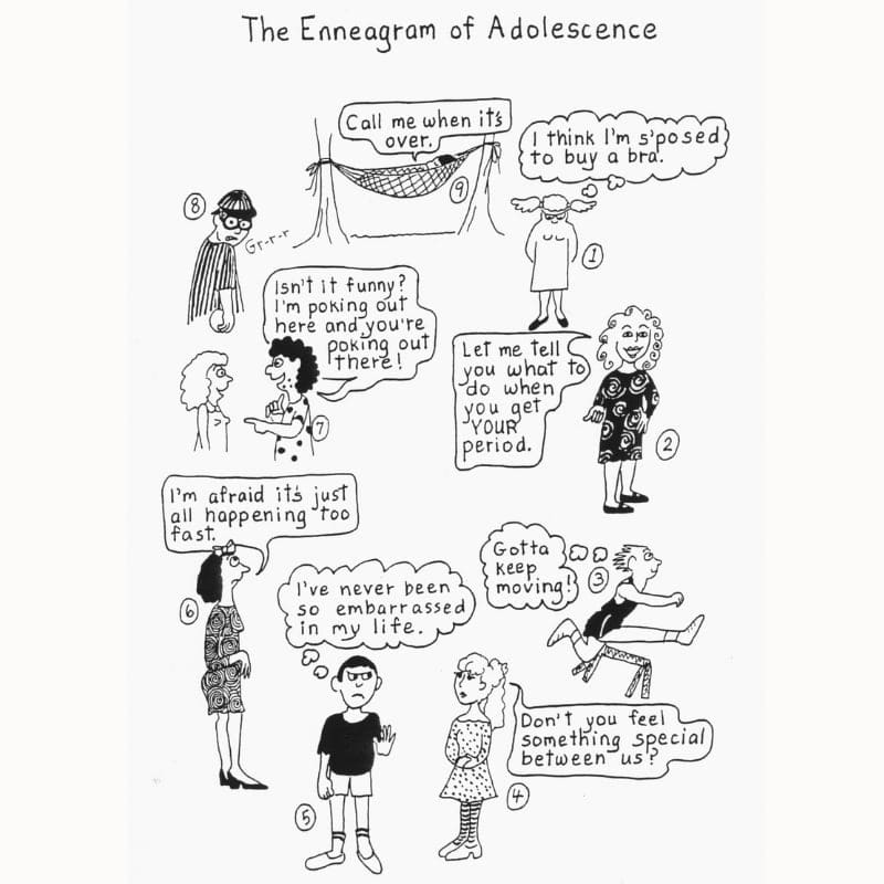 enneagram of adolescnce Humorous cartoon titled 'The Enneagram of Adolescence,' depicting nine numbered characters each with a quirky teenage dilemma, from buying bras to dramatic emotions, capturing the chaotic essence of adolescence through the lens of the Enneagram.