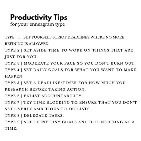 enneagram productivity tip A humorous guide to productivity tips tailored to each Enneagram type, featuring quirky advice like strict deadlines for perfectionist Type 1s and tiny goals for peaceseeking Type 9s. Perfect for selfawareness and a chuckle!