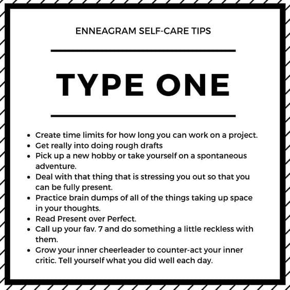 enneagram type 1 meme Enneagram meme titled 'Type One SelfCare Tips' humorously reminding perfectionist Types to relax with tasks like making rough drafts and calling adventurous friends, all while battling their inner critic.