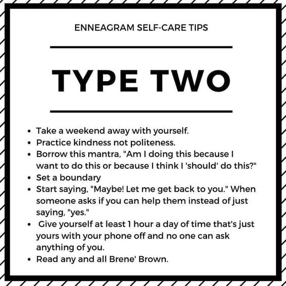enneagram type 2 helper Meme titled 'Enneagram SelfCare Tips for Type Two,' offering humorous advice like practicing 'kindness not politeness' and mastering the art of saying 'Maybe!' to appease those relentless people pleasing tendencies.