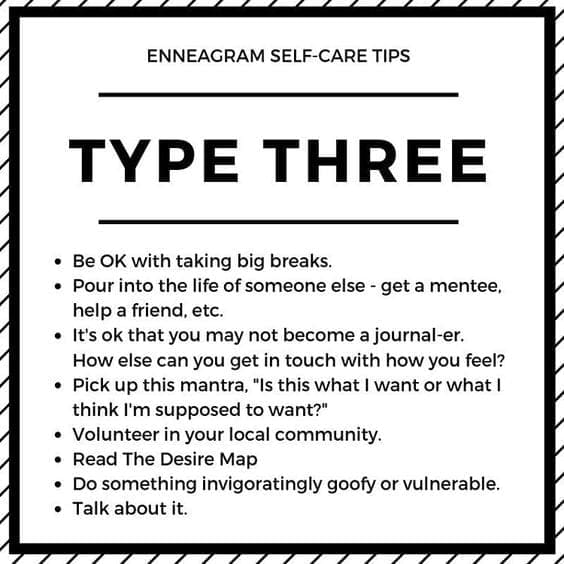enneagram type 2 meme Enneagram Type Three humor meme offering selfcare tips like taking breaks and doing something goofy, perfect for those overachievers who need a gentle nudge to relax.