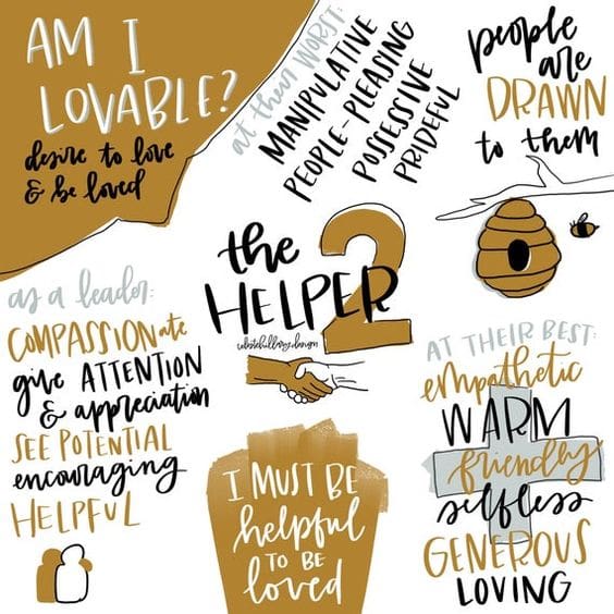 Enneagram Type 2 Meme Cheerful illustration highlighting personality traits of the Enneagram Type 2, the Helper, with questions like 'Am I lovable?' amongst attributes such as compassionate, warm, and occasionally resorting to peoplepleasing antics, along with a whimsical bee illustration suggesting a buzzing need to be helpful.