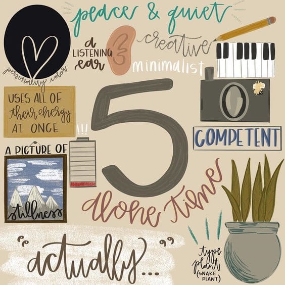 enneagram type 5 A quirky infographic humorously portraying the essence of Enneagram Type 5, featuring keywords like 'peace & quiet,' 'alone time,' and 'actually...' surrounded by visuals like a camera, piano, and a snake plant, all celebrating the creative and competent nature of the ultimate minimalist.