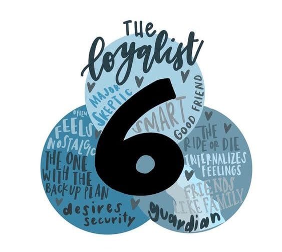 enneagram type 6 meme e1571936077246 Enneagram meme highlighting the six type, known as "The Loyalist," with words like 'skeptic,' 'smart,' and 'guardian,' all in a playful circular design. Perfect for your neurotic but lovable friend's wall of selfawareness!