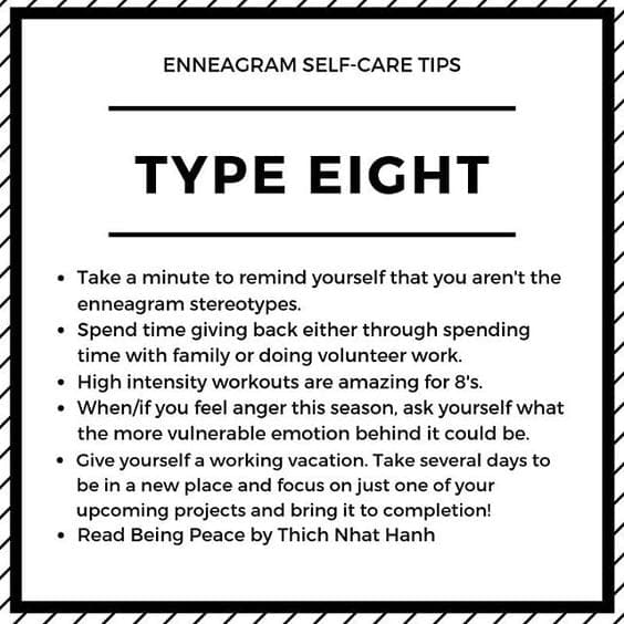 enneagram type 8 meme Meme titled 'Enneagram SelfCare Tips for Type Eight' humorously suggests ways Eights can avoid embracing stereotypes, such as doing intense workouts and planning working vacations, while subtly asking them to contemplate emotional vulnerability.
