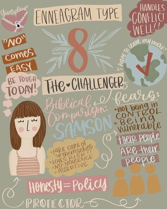 enneagram type 8 Whimsical illustration summarizing Enneagram Type 8, the Challenger, complete with a sassy character who handles conflict like a pro, fears vulnerability, and lives by the motto 'Honesty is the best policy'; basically, a superhero who loves saying 'no' and is always ready for a challenge.