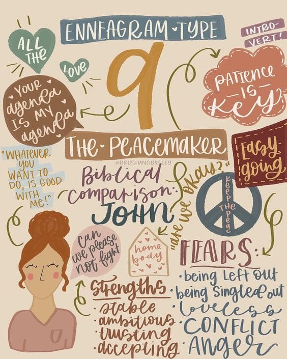 enneagram type 9 memes Playful illustration of Enneagram Type 9, 'The Peacemaker', featuring doodles about patience, love, strengths of being laidback and accepting, and a character confidently not sweating the small stuff.