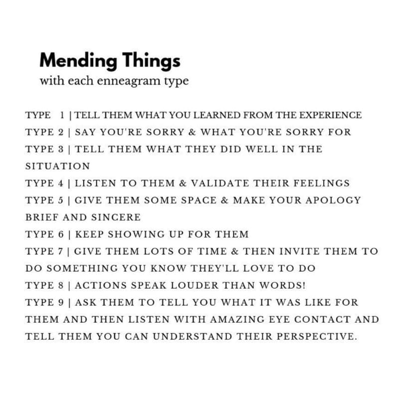how to mend things with enneagram image A humorous guide titled 'Mending Things with Each Enneagram Type,' featuring quirky strategies for reconciling with Enneagram types 1 through 9, like showering type 3 in unexpected praise or giving type 5 a muchneeded space hug.