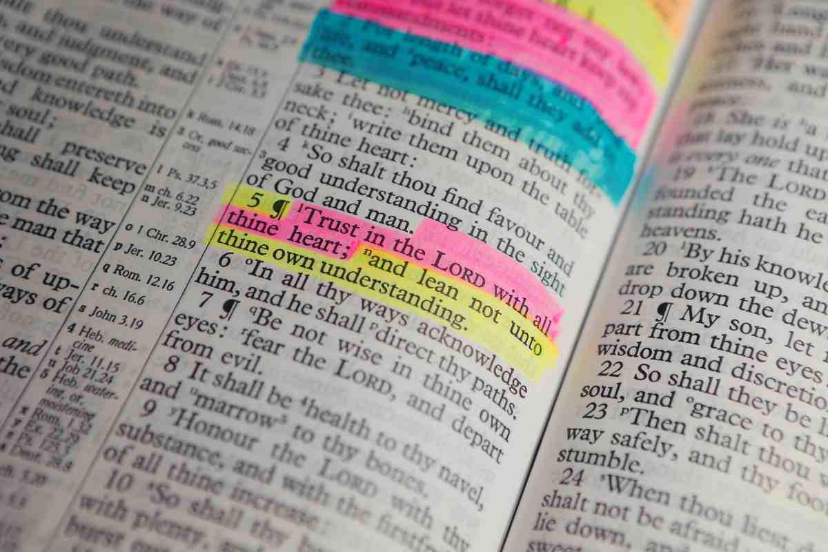 inspirational bible quotes Meme featuring an open Bible with Proverbs 3:5 highlighted in vibrant colors, humorously emphasizing trusting in the Lord over one's own understanding.