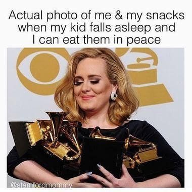 sharing snacks toddler meme Meme showing a person holding several awards, humorously captioned about enjoying snacks in peace when a child falls asleep. Filename hints at it being a humorous take on toddler parenting moments.