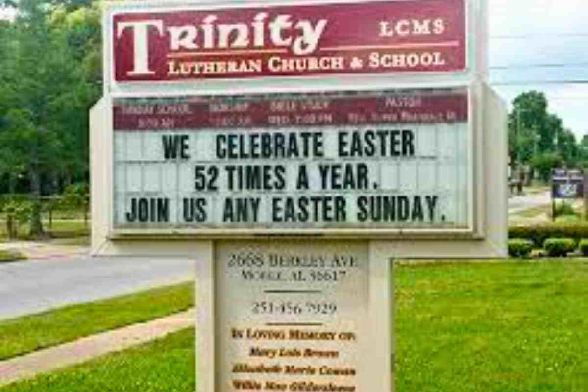 church sign for easter Whimsical church sign reads: 'We celebrate Easter 52 times a year. Join us any Easter Sunday,' adding some holy humor to your Sunday plans.